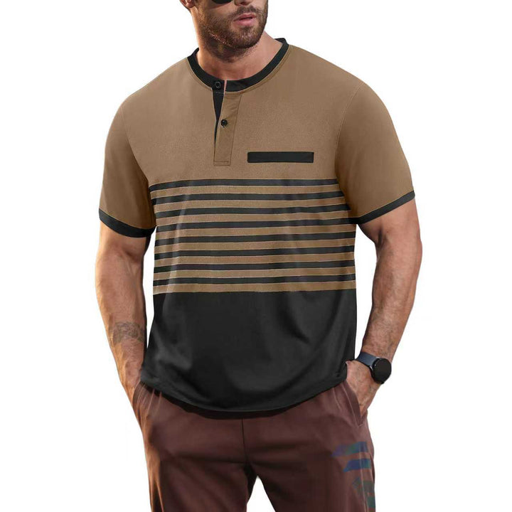 Men's short-sleeved Henley top with short button placket, chest piping, and block stripes StylebySassy