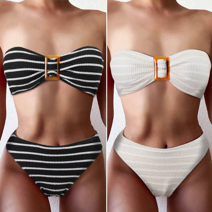 Women's bandeau bikini with a stylish striped pattern and decorative buckle StylebySassy