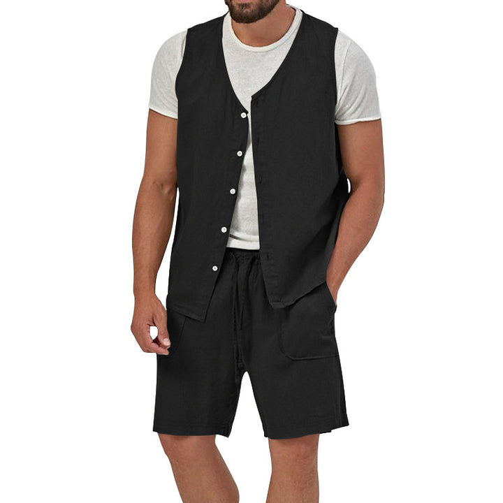 Men's two-piece leisure set with sleeveless button vest and wide drawstring shorts with patch pockets StylebySassy