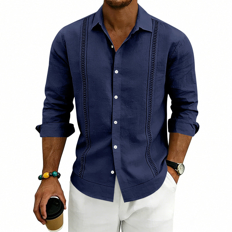 Men's casual linen blend shirt with vertical decorative stripes, Kent collar and relaxed fit StylebySassy