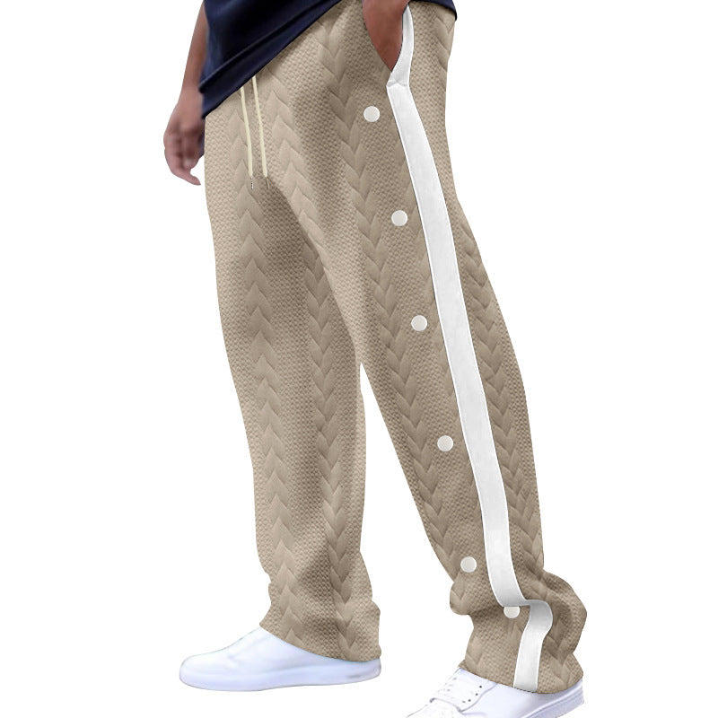 Men's quilted casual pants with continuous snap button placket and contrast stripes StylebySassy