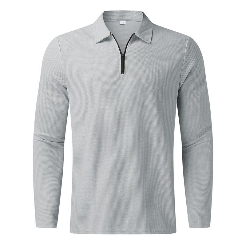 Men's long-sleeved polo shirt with kent collar, short front zip and fine waffle texture StylebySassy