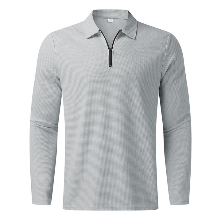 Men's long-sleeved polo shirt with kent collar, short front zip and fine waffle texture StylebySassy