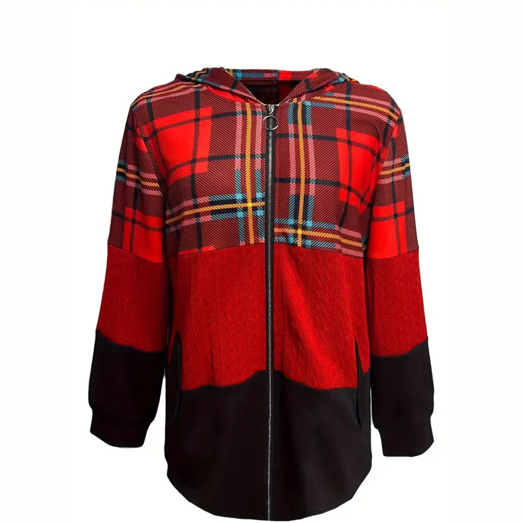 Women's long patchwork-style hooded jacket with check and knit inserts, front zipper and side pockets StylebySassy