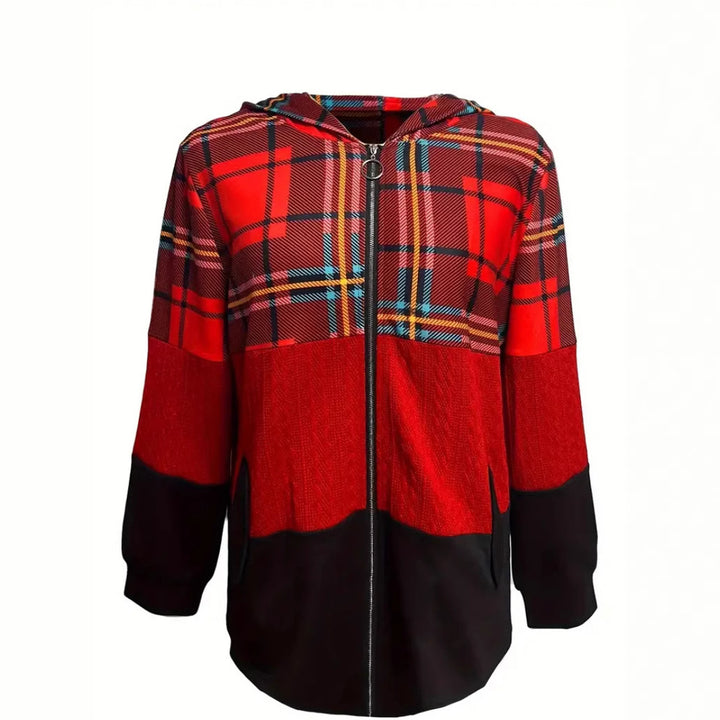 Women's long patchwork-style hooded jacket with check and knit inserts, front zipper and side pockets StylebySassy
