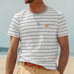 Men's casual striped cotton jersey T-shirt with round neckline and unobtrusive logo patch StylebySassy