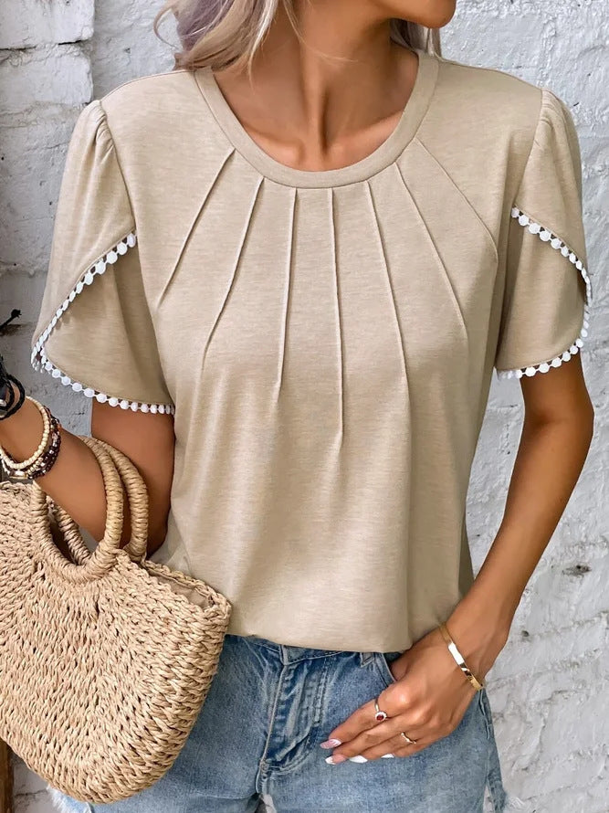 Women's round neck shirt with decorative pleated front, flutter sleeves and pompom trim StylebySassy