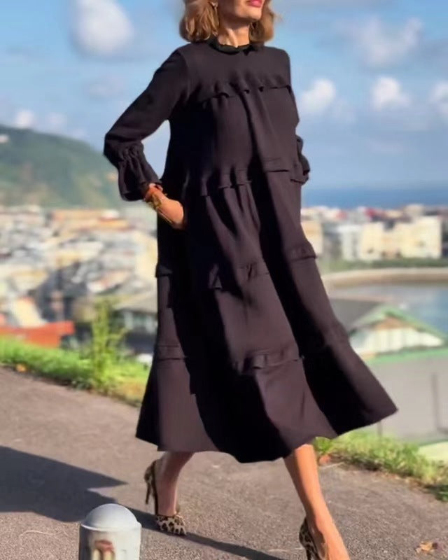 Women's nan castiges tiered midi dress with ruffled collar, gathered cuffs, and hidden side pockets StylebySassy
