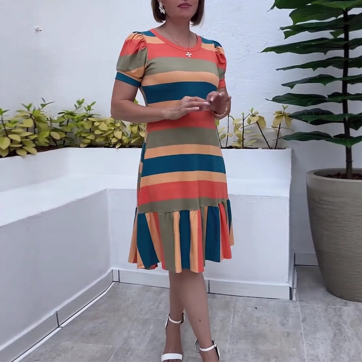 Women's striped jersey dress A-line cut with short puff sleeves and ruffle hem StylebySassy