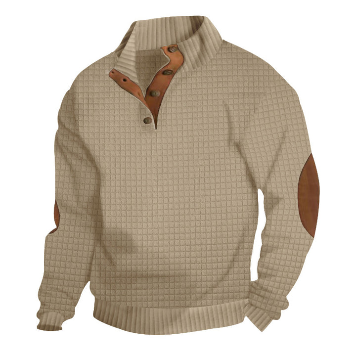 Men's waffle structure troyer with stand-up collar, button placket and nappa leather elbow patches StylebySassy