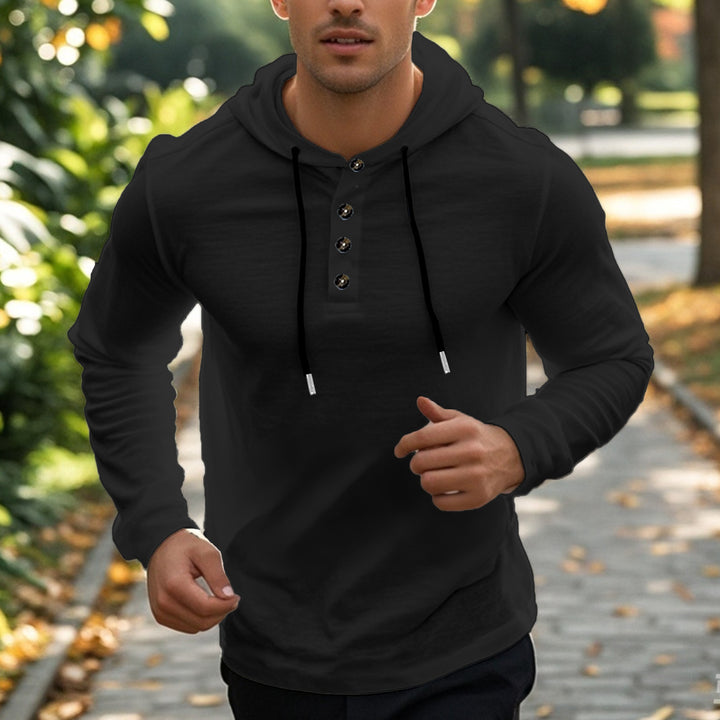 Men's casual hoodie in Henley style with button placket and adjustable drawstring StylebySassy