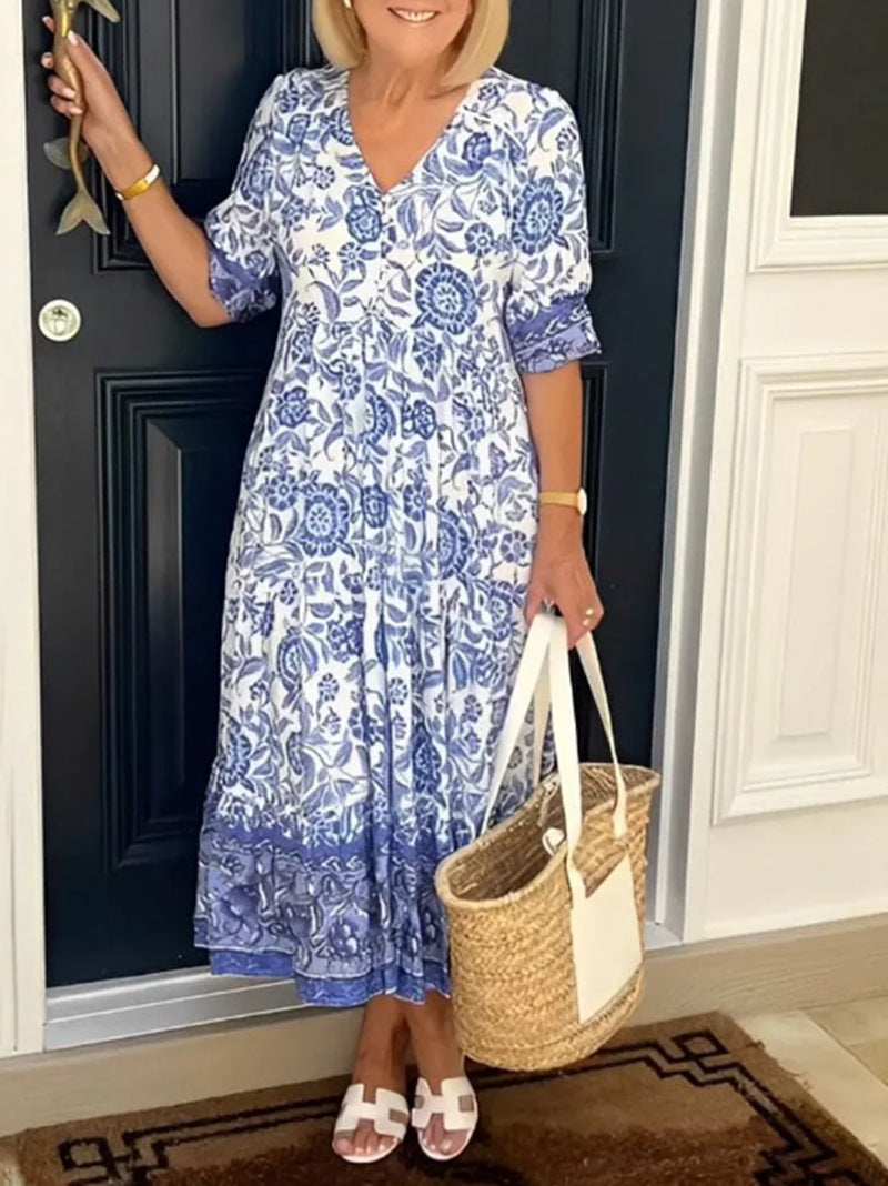 Women's Casual Tiered Midi Dress with V-Neck, Gathered Yoke and Ruffled Hem StylebySassy