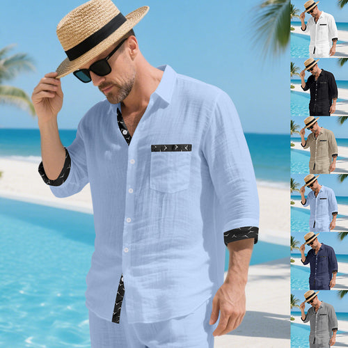Men's linen shirt with contrast trim, chest pocket, and rolled-up sleeves StylebySassy