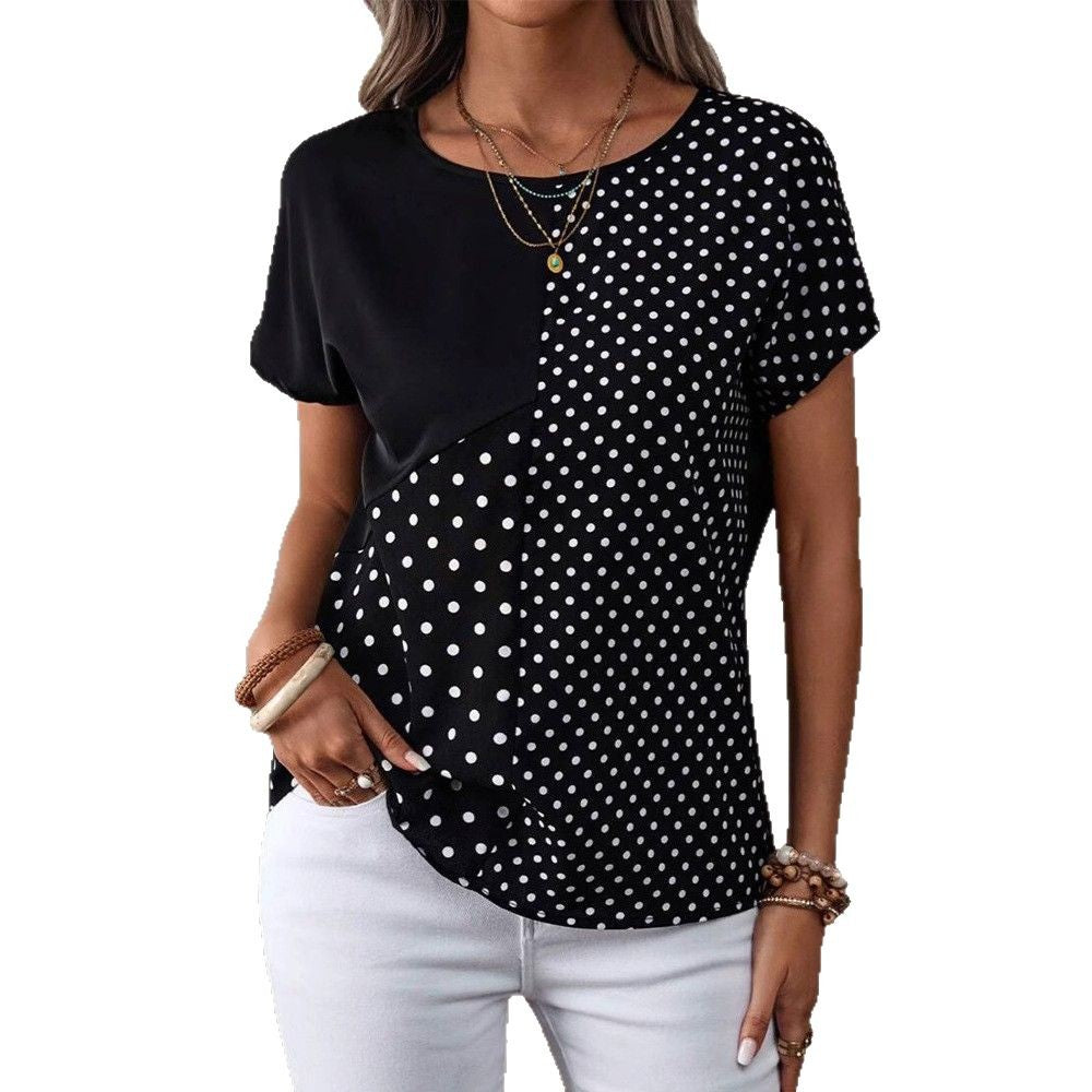 Women nan casual polka dot short sleeve top with asymmetrical seam and round neck StylebySassy