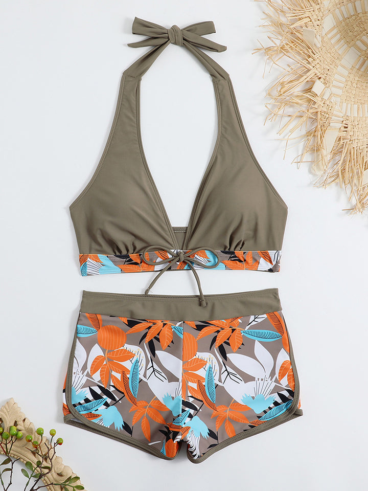 Women's sporty bikini set with adjustable halter top and shorts StylebySassy