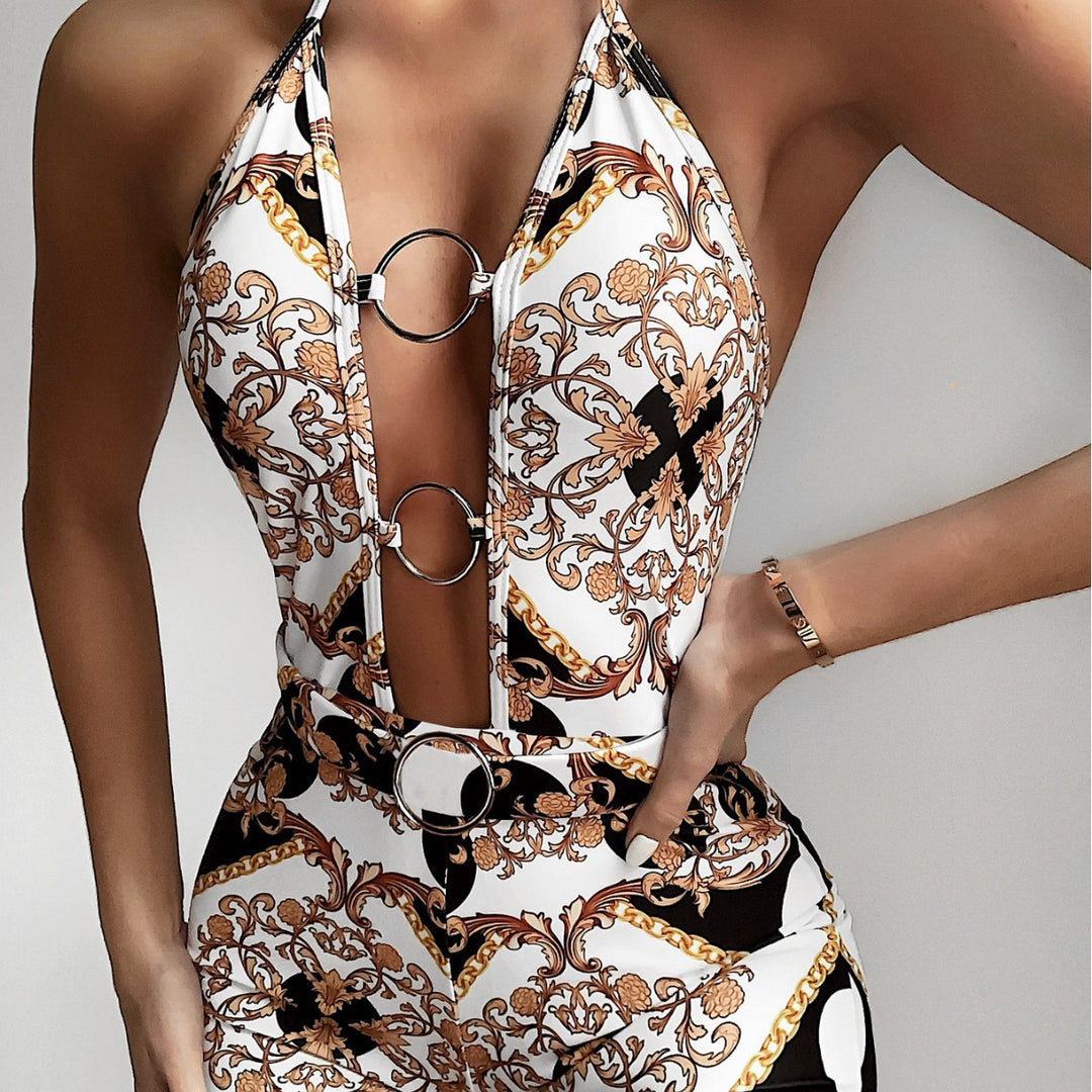 Women's fashionable one-piece swimsuit with deep V-neck and ring details StylebySassy