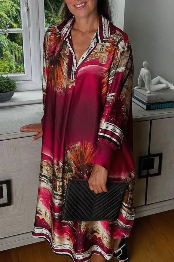Women's blouse dress in silk look, kaftan style, with an illustrative coastal print StylebySassy