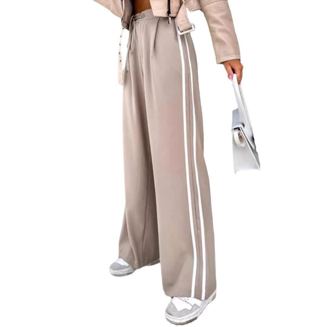 Women high-waisted wide leisure pants with sporty side stripe and tie belt StylebySassy