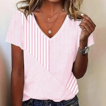 Women striped V-neck blouse with asymmetrical stripe mix and short sleeves StylebySassy