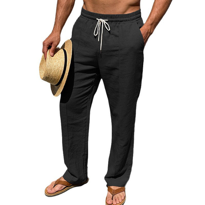 Men's summer chino pants in linen look with elastic drawstring waistband, decorative center seam, and straight leg StylebySassy