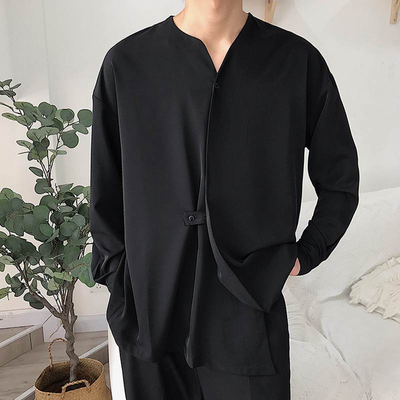 Men's loosely cut V-neck shirt with concealed button placket and band closure StylebySassy