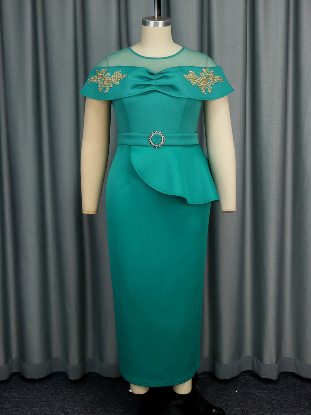 Women Elegant Maxi Dress with Transparent Sleeves and Decorative Appliqués StylebySassy