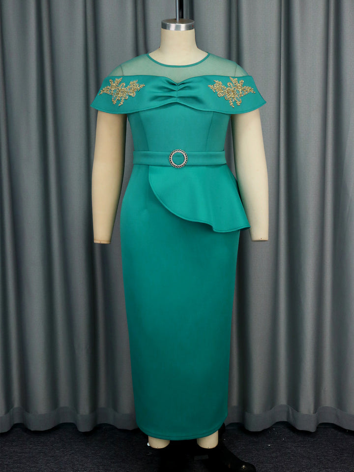 Women Elegant Maxi Dress with Transparent Sleeves and Decorative Appliqués StylebySassy