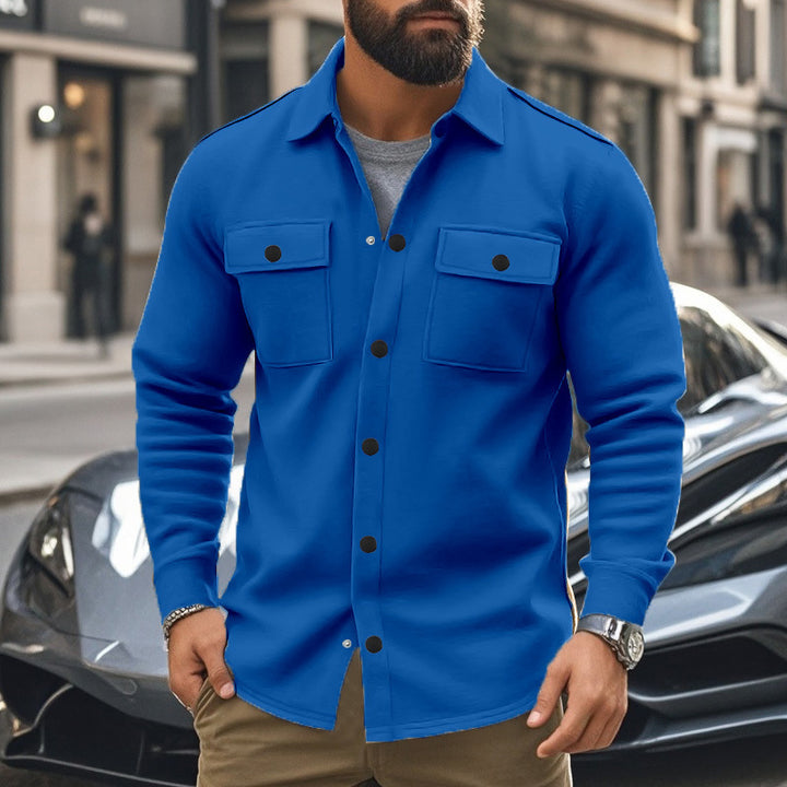 Men's fashionable overshirt jacket in felt look with patch breast pockets and visible snap button placket StylebySassy