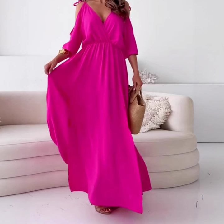 Women nan flowing maxi dress with V drape, off-shoulder strap band, elastic waist yoke and high skirt slit StylebySassy