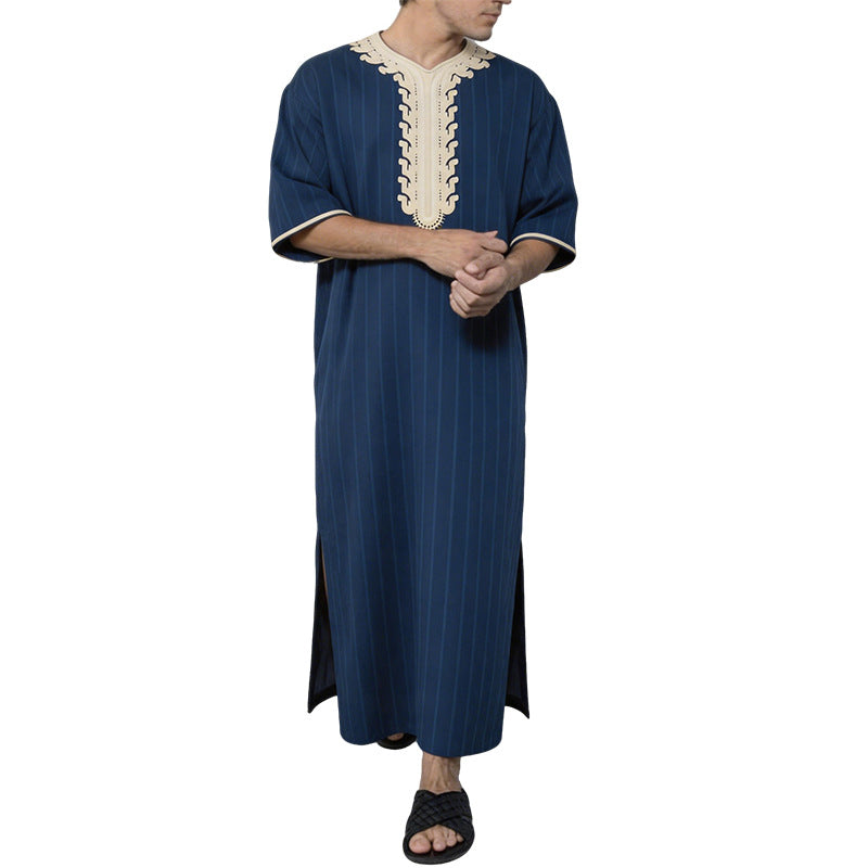 Men's striped Djellaba with decorative chest embroidery and side slit StylebySassy