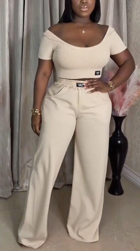 Women's off-the-shoulder ribbed crop top with wide-cut, high-waisted palazzo pants StylebySassy