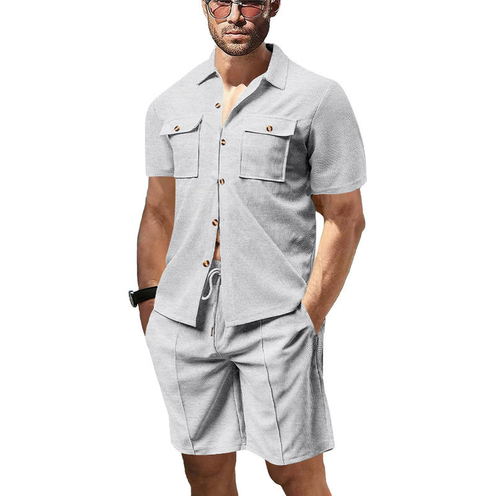 Men's structured short-sleeve shirt and bermuda set made of breathable cotton blend with chest pockets and drawstring StylebySassy