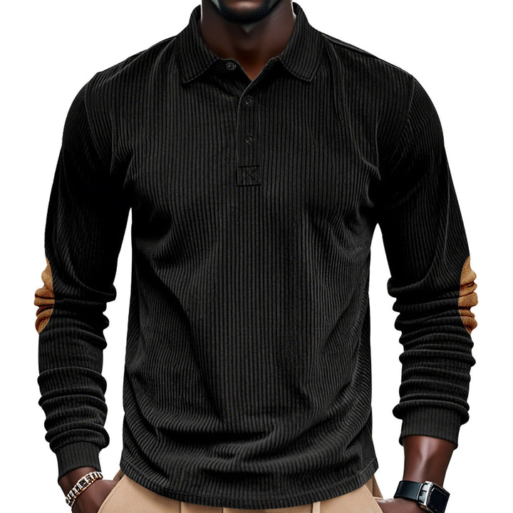 Men's ribbed long sleeve polo shirt with Henley placket and velour-like elbow patches StylebySassy
