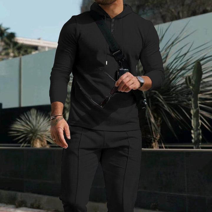 Men's slim-fitting hooded shirt with Henley button placket and tapered chinos set StylebySassy