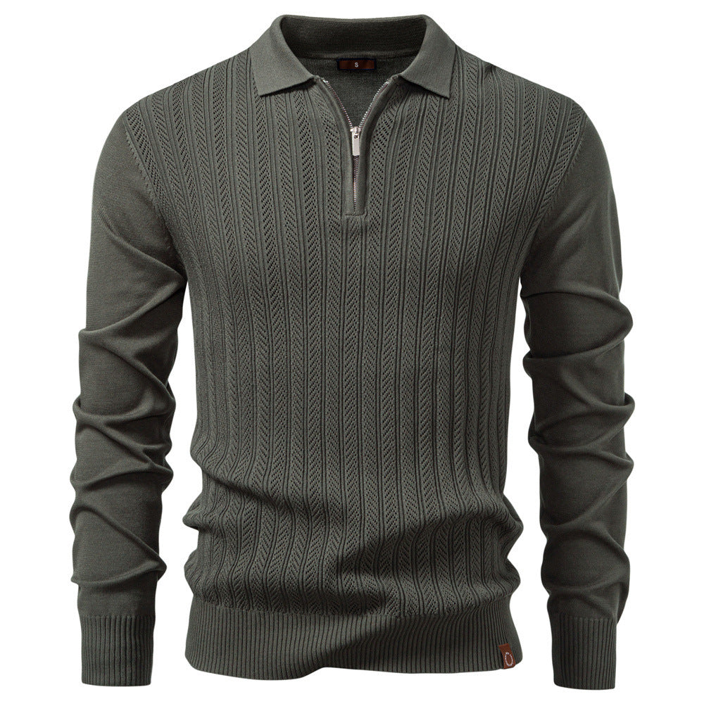 Men's knitted ajour sweater with short zipper and polo collar StylebySassy