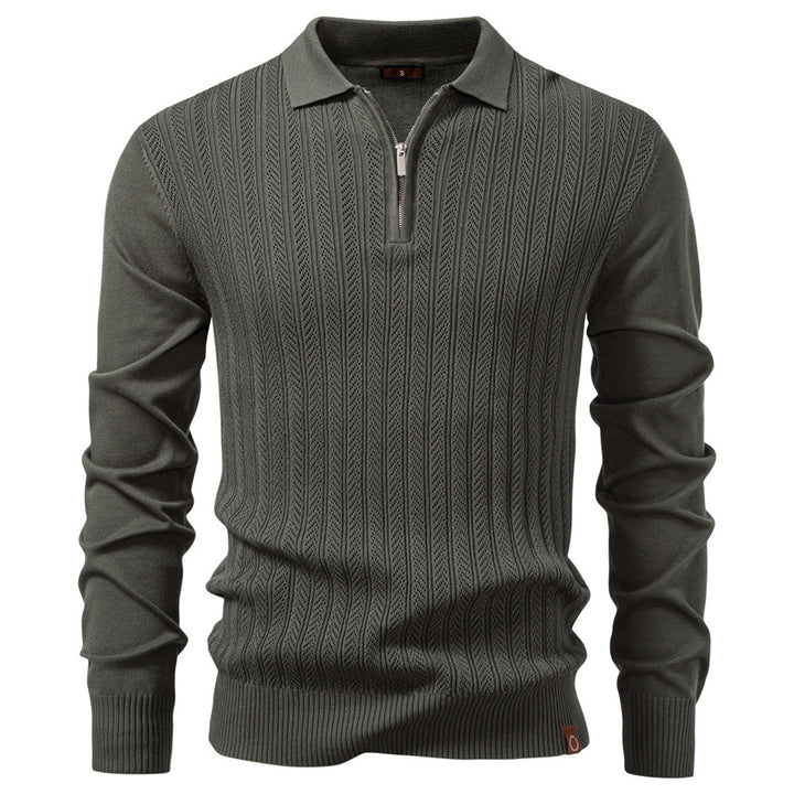 Men's knitted ajour sweater with short zipper and polo collar StylebySassy