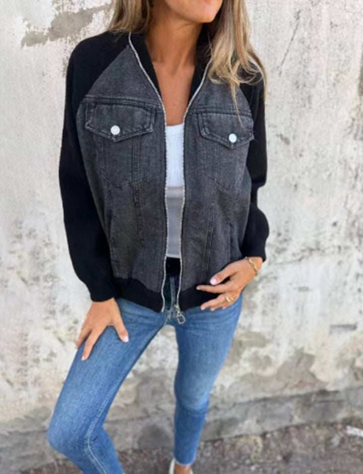 Women's Sweat-Jeans-Bomber Jacket with Raglan Sleeves, Breast Pockets, and Zipper StylebySassy