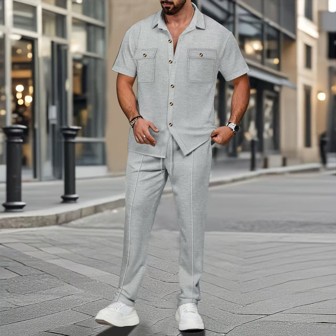 Men's casual lounge ensemble camp collar shirt with patch chest pockets and tapered drawstring pants StylebySassy