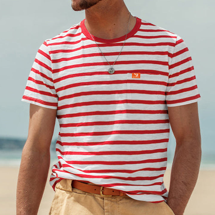 Men's striped short-sleeve T-shirt made of cotton jersey with chest pocket and contrasting round neckline StylebySassy