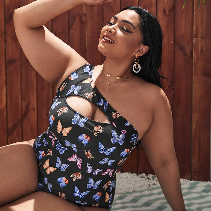 Women One-Sided Cut-Out Swimsuit with Floral Butterfly Motifs StylebySassy