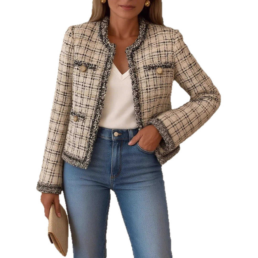 Women's short Boucle tweed jacket in classic cut with fringe trim and decorative buttons StylebySassy
