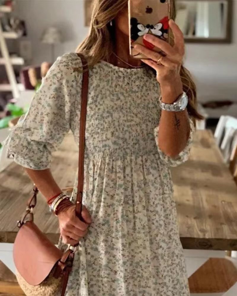 Women nan locker falling babydoll midi dress with gathered under bust, dropped three-quarter sleeves and fine floral print StylebySassy
