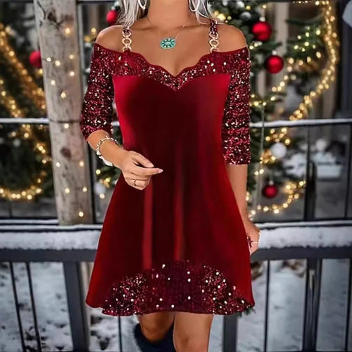 Women's off-shoulder sequin swing dress with delicate chain straps, elbow-length sleeves, and ruffle trim StylebySassy