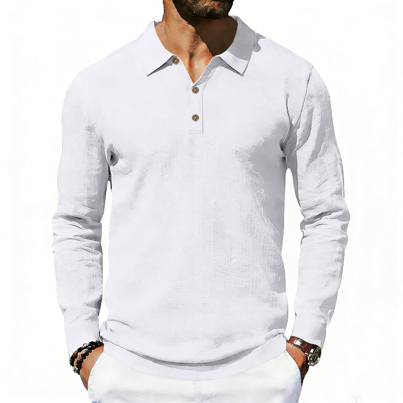Men's long sleeve polo shirt made of cotton gauze with a shirt collar, three-button placket, and relaxed fit StylebySassy