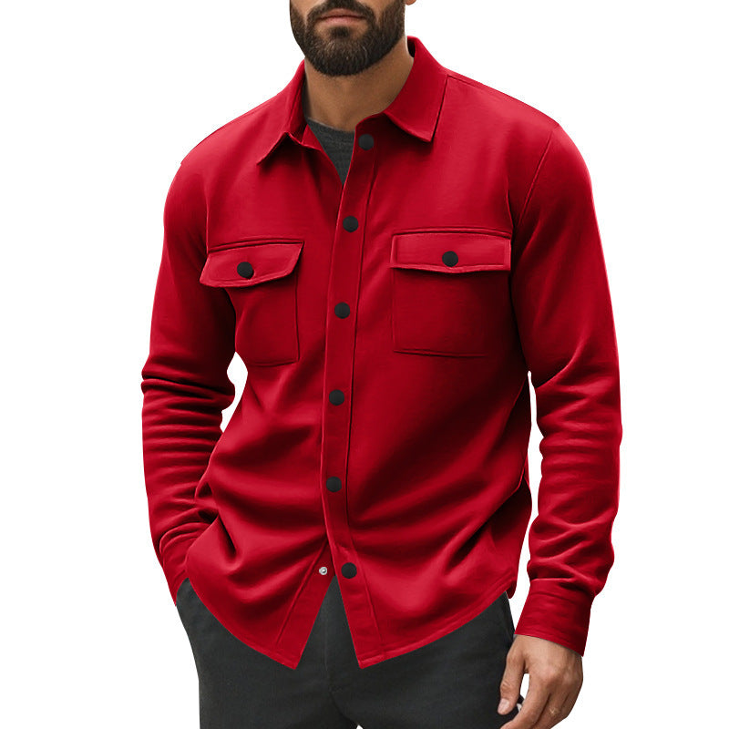 Men's unlined shirt jacket with fleece lining, patch chest pockets and snap button placket StylebySassy