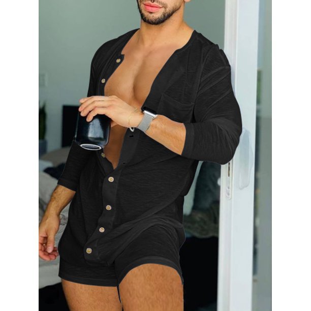 Men's comfortable short overall with round neck, continuous wooden button placket and chest pocket StylebySassy