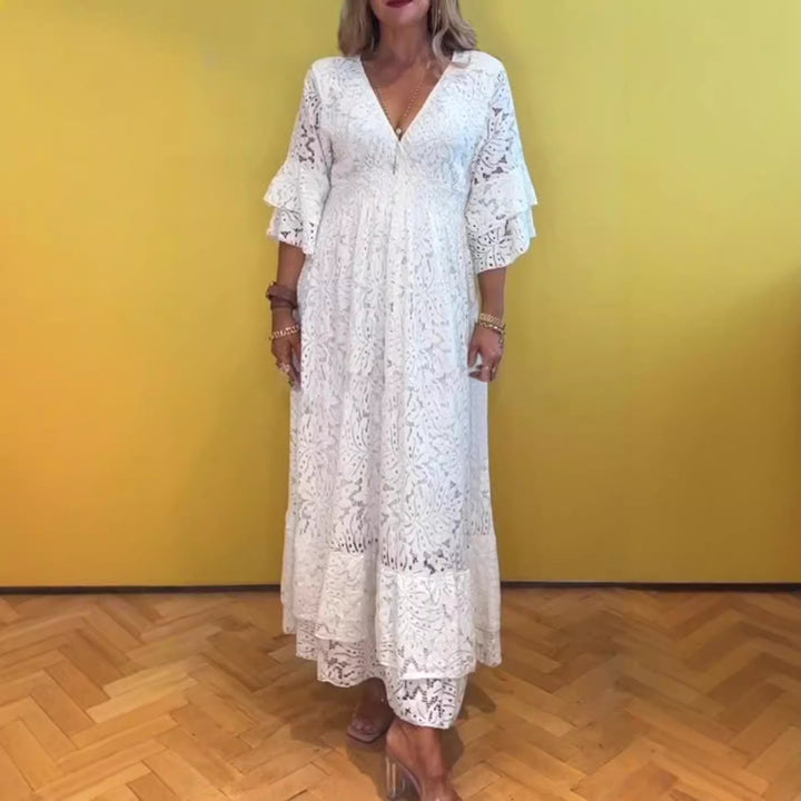 Women’s Boho Lace Maxi Dress with V-Neck, Underbust Seam, and Tiered Ruffle Sleeves StylebySassy