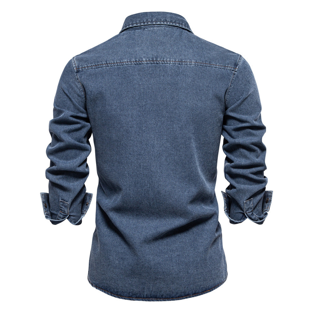 Men's tailored denim shirt with Kent collar, patch chest pockets and contrast stitching StylebySassy