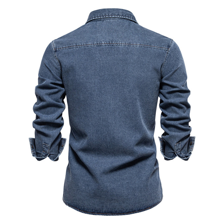 Men's tailored denim shirt with Kent collar, patch chest pockets and contrast stitching StylebySassy