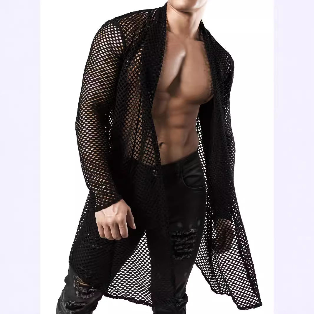 Men's longer crocheted net coat with open cut and figure-hugging fit StylebySassy